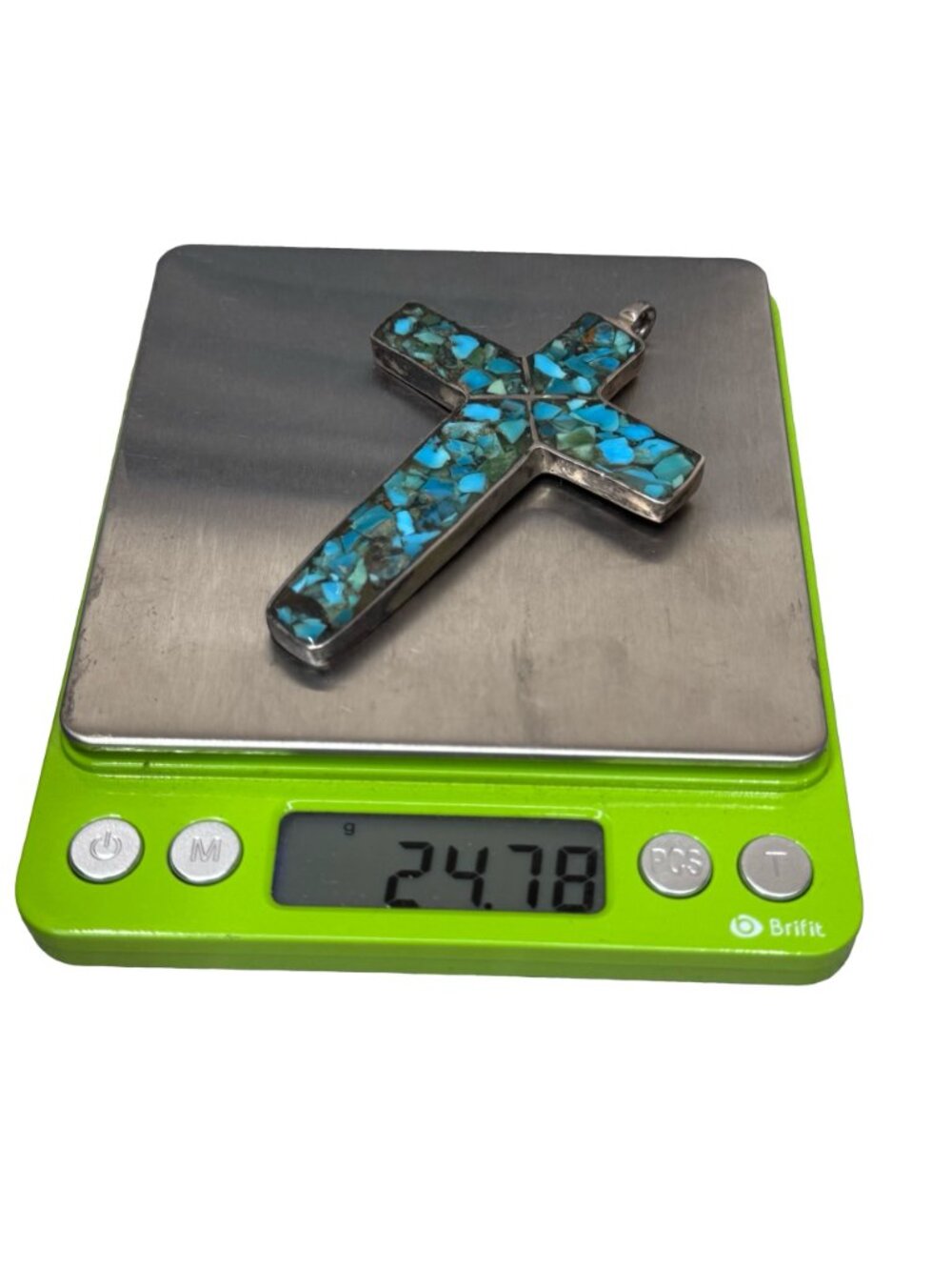 3" Fred Harvey Era Old Pawn Turquoise Chip Inlay Large Cross Pendant Sterling Si - Picture 5 of 9